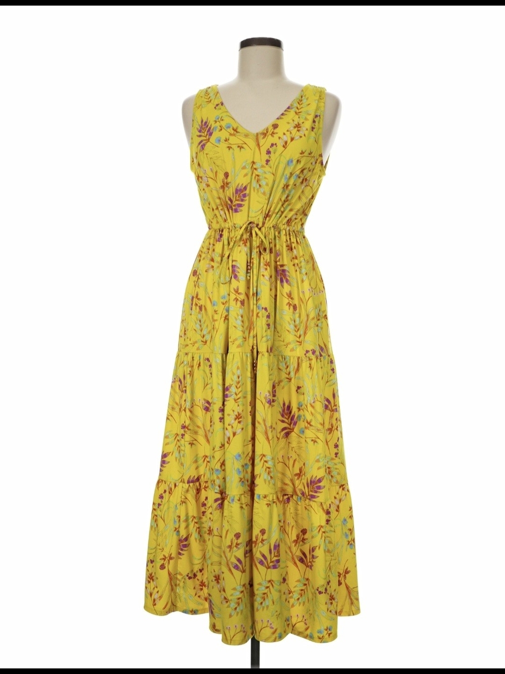 Christian Siriano Yellow Floral V-Neck Maxi Dress with Waist Tie